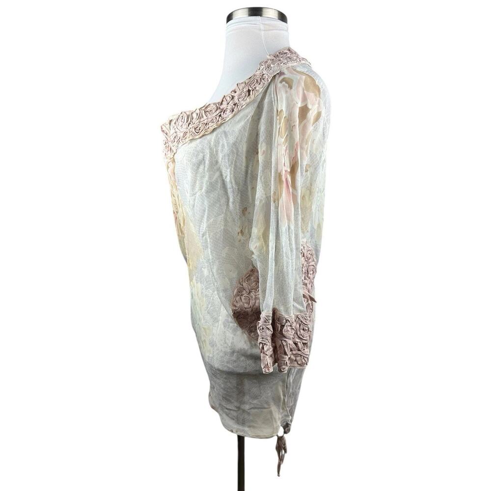 Emamo Silk Floral Sheer Tunic Blouse M Coquette Cottage Romantic Peasant Boho - Picture 13 of 16